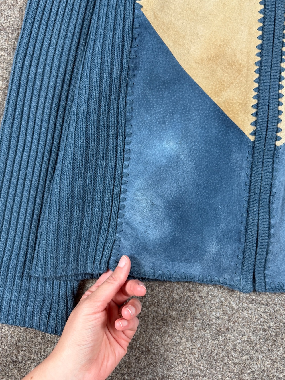 Vintage Blue Suede Leather Colorblock Zip Up Cardigan Sweater Jacket Women’s L - Picture 6 of 9